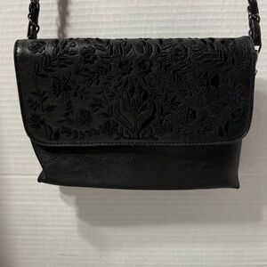 Sam & Hadley Black Vegan Faux Leather Embossed Floral Women's Shoulder Bag Y2K